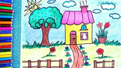 رسم بيت وحديقة وتلوينها للاطفال رائع جداا | رسم منزل وشجر وورد للأطفال والمبتدئين بسهوله خطوة بخطوة